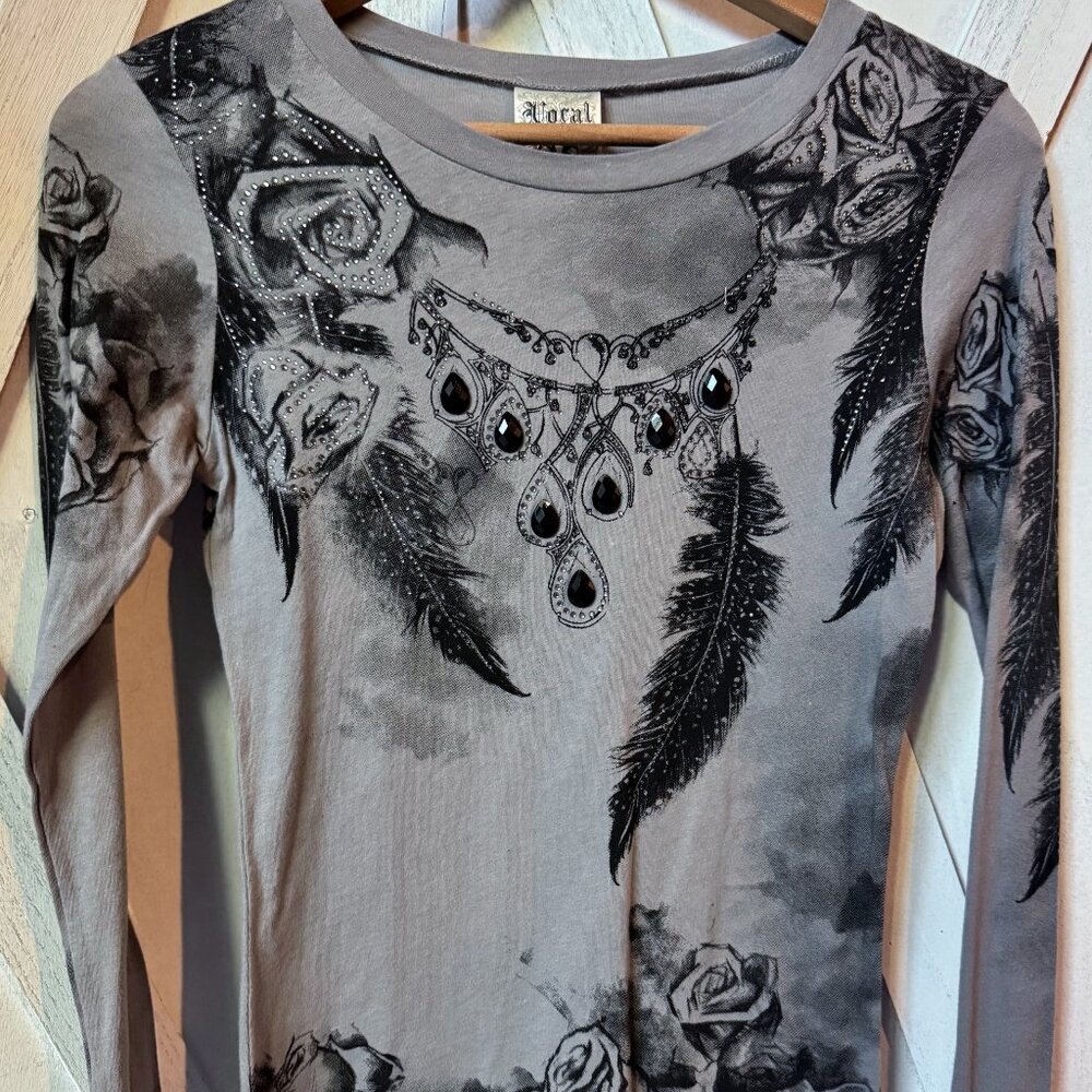 New Vocal Apparel womens crystal gray black feather jewel long sleeve shirt S